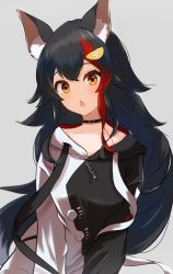 Rule 34 | 1girl, :o, absurdres, animal ear fluff, animal ears, black choker, black hair, black hoodie, blush, breasts, choker, commentary, fang, grey background, highres, hololive, hood, hoodie, long hair, looking at viewer, medium breasts, multicolored hair, nishiki yuno, official alternate costume, ookami mio, ookami mio (casual), open mouth, orange eyes, paw print, paw print pattern, red hair, simple background, skin fang, solo, streaked hair, two-tone hair, two-tone hoodie, upper body, virtual youtuber, white hoodie, wolf ears