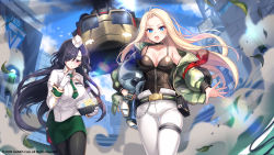 Rule 34 | 2girls, absurdres, aircraft, belt, belt pouch, black hair, black legwear, blonde hair, blue eyes, blue sky, blush, breasts, choker, cleavage, clipboard, cloud, cloudy sky, collarbone, commentary request, day, earrings, garrison cap, glasses, gloves, goggles, green skirt, hair over one eye, hat, helicopter, helmet, highres, holding, jacket, jewelry, kyjsogom, leaf, long hair, long sleeves, medium breasts, miniskirt, multiple girls, necktie, off shoulder, open mouth, outdoors, pants, pantyhose, pouch, red eyes, shiny clothes, simple background, skirt, sky, soulworker, walkie-talkie, white gloves, white pants