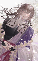 Rule 34 | 1boy, androgynous, bishounen, black shirt, bridal gauntlets, cherry blossoms, floating hair, frills, grey hair, hair between eyes, highres, interlocked fingers, long hair, male focus, msa (fary white), off shoulder, original, own hands together, parted lips, petals, purple robe, red pupils, robe, sash, shirt, smile, solo, upper body, white eyes