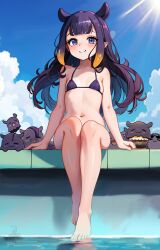Rule 34 | 1girl, absurdres, artist logo, bikini, black bikini, blue eyes, blue sky, blunt bangs, breasts, center-flap bangs, closed mouth, commentary, day, english commentary, gradient hair, highres, hololive, hololive english, long hair, looking at viewer, multicolored hair, navel, ninomae ina&#039;nis, orange hair, outdoors, pointy ears, poolside, purple hair, sidelocks, sitting, sky, small breasts, smile, string bikini, sunlight, swimsuit, takodachi (ninomae ina&#039;nis), tentacle hair, toes, unstableboiler, virtual youtuber, water
