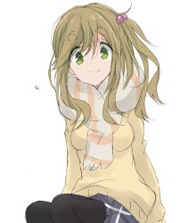 Rule 34 | 1girl, arms at sides, blonde hair, blue skirt, closed mouth, core (mayomayo), green eyes, hair bobbles, hair ornament, highres, inuyama aoi, long hair, looking at viewer, multicolored clothes, multicolored scarf, pleated skirt, scarf, simple background, sitting, skirt, smile, solo, striped clothes, striped scarf, sweater, thick eyebrows, white background, yellow sweater, yurucamp