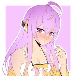 Rule 34 | 1girl, bare shoulders, blush, goggles, goggles around neck, indie virtual youtuber, long hair, non-web source, orange goggles, purple eyes, purple hair, tank top, virtual youtuber, vividly vivi, white tank top