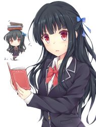 Rule 34 | 1girl, bad id, bad pixiv id, balancing on head, black hair, black legwear, book, bow, bowtie, buttons, chibi, hair bow, highres, long hair, mini person, minigirl, multiple views, object on head, open mouth, original, red eyes, school uniform, shoes, simple background, skirt, socks, sweatdrop, tf (tfx2), upper body, white background