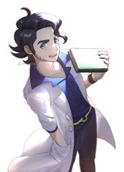 Rule 34 | 1boy, :d, augustine sycamore, belt, black hair, black pants, book, coat, collared shirt, commentary request, creatures (company), curly hair, facial hair, game freak, grey eyes, hand in pocket, holding, holding book, im i masa, lab coat, male focus, nintendo, open clothes, open coat, open mouth, pants, pokemon, pokemon xy, shirt, simple background, smile, solo, standing, teeth, twitter username, upper teeth only, watch, watermark, white background, white coat, wristwatch, yellow belt