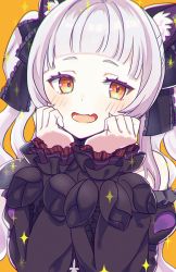 Rule 34 | 1girl, absurdres, animal ears, bare shoulders, black dress, black ribbon, blunt bangs, cat ears, commentary request, dress, frilled ribbon, frills, grey hair, hair ribbon, hands on own cheeks, hands on own face, highres, hololive, long hair, long sleeves, looking at viewer, murasaki shion, murasaki shion (gothic lolita), nyako (lhq3p), open mouth, ribbon, short eyebrows, sidelocks, solo, sparkle, twintails, upper body, virtual youtuber, yellow eyes