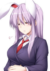 Rule 34 | 1girl, puff of air, animal ears, blazer, blush, breasts, closed mouth, collared shirt, commentary request, extra ears, eyes visible through hair, frown, hair between eyes, half-closed eyes, highres, jacket, large breasts, long hair, long sleeves, looking away, looking down, medium breasts, necktie, nori tamago, nose blush, own hands together, parted lips, pink background, pink hair, purple hair, purple jacket, rabbit ears, red eyes, red necktie, reisen udongein inaba, shirt, sidelocks, sleepy, solo, straight hair, touhou, tsurime, upper body, white shirt, wing collar