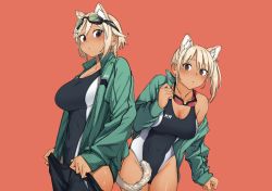 Rule 34 | 2girls, absurdres, animal ear fluff, animal ears, black eyes, black pants, blonde hair, blush, breasts, cleavage, competition swimsuit, dark-skinned female, dark skin, goggles, goggles around neck, goggles on head, green jacket, highres, jacket, kr ohoshisama, large breasts, long sleeves, multiple girls, off shoulder, one-piece swimsuit, orange background, original, pants, short hair, simple background, sweat, swimsuit, swimsuit under clothes, tail