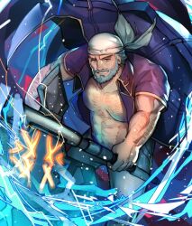 Rule 34 | 1boy, abs, alex (cerealex), arm hair, axe, bandana, bara, bare pectorals, beard, body hair, coat, commentary, electricity, english commentary, facial hair, fargus (fire emblem), fire emblem, fire emblem: the blazing blade, fire emblem heroes, grey pants, holding, holding axe, holding weapon, incoming attack, looking at viewer, male focus, nintendo, old, old man, pants, pectorals, pirate costume, purple coat, smile, weapon, white bandana