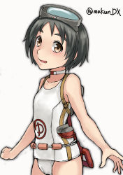 Rule 34 | 1girl, black hair, brown eyes, diving mask, diving mask on head, flotation belt, goggles, goggles on head, kantai collection, looking at viewer, maakun (makun dx), maru-yu (kancolle), one-hour drawing challenge, one-piece swimsuit, parted bangs, school swimsuit, short hair, simple background, solo, swimsuit, thick eyebrows, twitter username, white background, white one-piece swimsuit