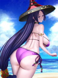 Rule 34 | 1girl, armlet, ass, back, beach, bikini, blue sky, breasts, choker, cloud, day, expressionless, eyepatch bikini, fate/grand order, fate (series), from behind, hat, horizon, large breasts, long hair, looking at viewer, looking back, low-tied long hair, minami koyogi, minamoto no raikou (fate), minamoto no raikou (fate/grand order), minamoto no raikou (swimsuit lancer) (fate), minamoto no raikou (swimsuit lancer) (first ascension) (fate), ocean, outdoors, parted bangs, parted lips, purple bikini, purple eyes, purple hair, sand, sidelocks, sky, solo, string bikini, swimsuit, thighs, very long hair