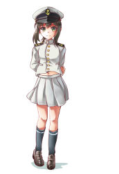 Rule 34 | 10s, 1girl, adapted uniform, alternate costume, arms behind back, brown hair, epaulettes, fubuki (kancolle), full body, green eyes, hat, highres, imperial japanese navy, kantai collection, kneehighs, light smile, loafers, longmei er de tuzi, looking at viewer, midriff, military, military uniform, navel, peaked cap, shoes, sidelocks, simple background, skirt, socks, solo, uniform, white background