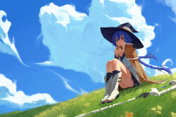 Rule 34 | 1girl, blue eyes, blue hair, boots, braid, bread bun, cloak, closed mouth, cloud, cloudy sky, commentary, eating, food, food in mouth, hat, holding, holding food, knees up, long hair, long sleeves, mage staff, mushoku tensei, outdoors, pleated skirt, roxy migurdia, shirt, sitting, skirt, sky, solo, some1else45, twin braids, witch hat