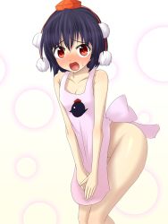 Rule 34 | 1girl, apron, bare shoulders, black hair, blush, breasts, cleavage, collarbone, d:, embarrassed, hat, looking at viewer, naked apron, open mouth, pom pom (clothes), red eyes, shameimaru aya, short hair, small breasts, solo, sweat, tears, teoi (good chaos), tokin hat, touhou