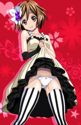 Rule 34 | 1girl, bad id, bad pixiv id, bow, bow panties, brown eyes, brown hair, clothes lift, don&#039;t say &quot;lazy&quot;, dress, dress lift, flower, grin, hair flower, hair ornament, hirasawa yui, k-on!, panties, sen (sansui), short hair, smile, solo, standing, striped clothes, striped thighhighs, thighhighs, underwear, vertical-striped clothes, vertical-striped thighhighs, white panties