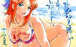 Rule 34 | 1girl, all fours, bikini, body writing, bottomless, breasts, cleavage, igarashi mangou, large breasts, lips, red hair, solo, swimsuit, wet