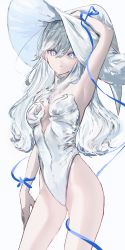 Rule 34 | 1girl, absurdres, armpits, blue eyes, breasts, cleavage, cowboy shot, gawako, hat, highres, leotard, long hair, looking at viewer, medium breasts, original, parted lips, ribbon, simple background, solo, thighs, white background, white hair, white leotard, witch, witch hat, wrist ribbon