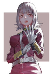 Rule 34 | absurdres, bad id, bad pixiv id, between breasts, breasts, fate/grand order, fate (series), florence nightingale (fate), gloves, highres, military, military uniform, pink hair, putting on gloves, red eyes, rolua, solo, strap between breasts, uniform, white gloves