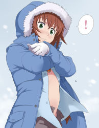 Rule 34 | !, 00s, 1girl, belly, blush, brown hair, coat, cold, covering privates, darker than black, green eyes, maruto!, navel, open clothes, open shirt, shirt, snow, solo, suou pavlichenko, unzipped, wardrobe malfunction, winter, winter clothes