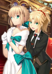 Rule 34 | 2girls, :d, absurdres, ahoge, aqua bow, artoria pendragon (all), artoria pendragon (fate), besmiled, black jacket, black neckwear, black pants, blonde hair, bow, breasts, choker, cleavage, collarbone, diadem, dress, fate (series), formal, gloves, green eyes, hair between eyes, hair ornament, hair scrunchie, hands on another&#039;s shoulder, heroic spirit formal dress, high ponytail, highres, indoors, jacket, long hair, medium breasts, mordred (fate), mordred (fate/apocrypha), mordred (formal dress) (fate), multiple girls, necktie, official alternate costume, open clothes, open jacket, open mouth, pants, red scrunchie, saber (fate), saber (formal dress) (fate), scrunchie, shirt, smile, white dress, white gloves, white shirt