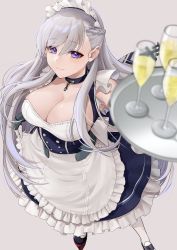 Rule 34 | 1girl, absurdres, apron, apron hold, azur lane, bare shoulders, belfast (azur lane), blurry, blurry foreground, braid, breasts, broken, broken chain, chain, champagne flute, choker, cleavage, cup, dress, drinking glass, french braid, frilled apron, frills, from above, full body, highres, holding, holding tray, large breasts, light purple hair, looking at viewer, looking up, maid apron, maid headdress, oshida bob, purple choker, purple dress, purple eyes, rudder footwear, sleeveless, sleeveless dress, solo, tray, waist apron, white apron, white legwear