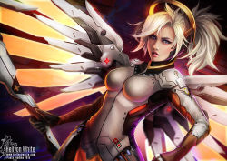 Rule 34 | 10s, 1girl, 2015, artist name, blue eyes, breasts, dated, glowing, glowing wings, halo, hand on own hip, hellyon white, high ponytail, holding, lips, lipstick, long hair, looking at viewer, makeup, mechanical halo, mechanical wings, mercy (overwatch), open mouth, overwatch, overwatch 1, pantyhose, parted lips, red lips, silver hair, solo, swiss flag, upper body, watermark, web address, wings, yellow wings
