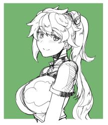 Rule 34 | 10s, 1girl, alternate hairstyle, arms at sides, asymmetrical hair, blush, bow, breasts, cloud print, crop top, from side, hair bow, jitome, kantai collection, large breasts, light smile, looking at viewer, monochrome, ponytail, profile, simple background, smile, solo, tsukinami kousuke, unryuu (kancolle), upper body