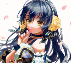 1girl, artist name, artist request, bare shoulders, birthday, black hairband, blue dress, blue hair, blue ribbon, blue scrunchie, blush, bow, breasts, brown bow, brown eyes, bush, choker, cleavage, detached sleeves, dress, female focus, flower, frilled dress, frills, hair between eyes, hair flower, hair ornament, hairband, happy birthday, holding, holding petal, long hair, looking at viewer, love live!, love live! school idol festival, love live! school idol project, medium breasts, nail, nail polish, parted lips, petals, pink nail polish, pink nails, pink petals, plaid, plaid dress, puffy short sleeves, puffy sleeves, ribbon, ribbon-trimmed sleeves, ribbon trim, rose, scrunchie, short sleeves, sleeveless, sleeveless dress, smile, solo, sonoda umi, sweatband, upper body, white background, wrist scrunchie, yellow eyes, yellow flower, yellow ribbon, yellow rose