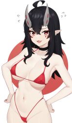 Rule 34 | 1girl, :d, absurdres, ahoge, bare arms, bare shoulders, bikini, black choker, black hair, breasts, character request, choker, commentary, copyright request, cowboy shot, eyeshadow, fangs, groin, hands on own hips, highres, horns, large breasts, long hair, looking at viewer, makeup, moursho, navel, open mouth, red bikini, red eyes, simple background, smile, solo, standing, stomach, swimsuit, white background