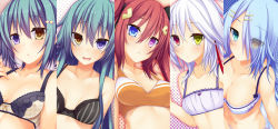 Rule 34 | 5girls, :&lt;, :d, :o, aqua eyes, aqua hair, black bra, blue eyes, blue hair, blush, bow, bow bra, bra, breasts, brown hair, cleavage, column lineup, eyes visible through hair, fang, frilled bra, frills, hair between eyes, hair ornament, hair over one eye, hair ribbon, hairclip, halftone, halftone background, hand on own chest, heterochromia, lace, lace-trimmed bra, lace trim, large breasts, leura (suterii), lineup, lingerie, long hair, looking at viewer, multiple girls, navel, open mouth, orange bra, original, panties, plaid, plaid bra, purple eyes, rebecca arcane, red eyes, red hair, ribbon, short hair, siblings, sisters, small breasts, smile, sports bra, striped bra, striped clothes, suterii, take your pick, training bra, tsurime, twins, twintails, underwear, underwear only, upper body, vertical stripes, very long hair, wavy mouth, white hair, yellow eyes