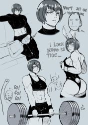 Rule 34 | 1boy, 1girl, abs, absurdres, animal ears, ass, barbell, crop top, english text, exercising, highres, lap pillow, leotard, long sleeves, looking at ass, muscular, muscular female, navel, original, playboy bunny, rabbit ears, sketch, sleeping, sparkle, speedl00ver, sweat, sweater, tank top, turtleneck, turtleneck sweater, weightlifting, zzz