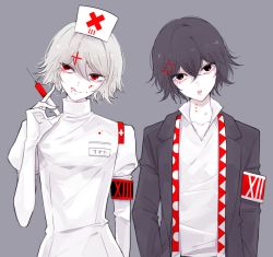 Rule 34 | 10s, awara kayu, bad id, bad pixiv id, black eyes, black hair, black jacket, blood, blood on face, collarbone, commentary request, cross, dot nose, grey background, hat, holding, jacket, looking at viewer, looking to the side, male focus, medium hair, nurse, nurse cap, open mouth, red eyes, shirt, simple background, stitched face, stitches, suzuya juuzou, syringe, tokyo ghoul, tokyo ghoul:re, tongue, tongue out, translation request, trap, white hair, white shirt, white sleeves, white uniform