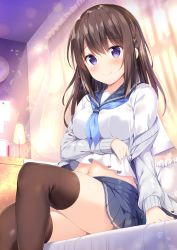 Rule 34 | 1girl, blue neckerchief, blue sailor collar, blue skirt, blush, braid, breasts, brown hair, brown thighhighs, buttons, cardigan, closed mouth, collarbone, commentary request, curtains, grey cardigan, highres, indoors, lamp, long hair, long sleeves, looking at viewer, medium breasts, midriff, miniskirt, navel, neckerchief, off shoulder, open cardigan, open clothes, original, pillow, pleated skirt, purple eyes, sailor collar, school uniform, serafuku, shirt, sidelocks, sitting, skirt, smile, solo, sparkle, stomach, thighhighs, thighs, tomoo (tomo), white shirt, window, zettai ryouiki