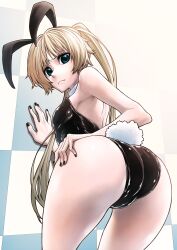 Rule 34 | 1girl, angelica diarmuit, ass, blonde hair, blue background, blue eyes, blush, closed mouth, hand up, highres, leotard, long hair, looking at viewer, looking back, nail polish, ogino ken, playboy bunny, rabbit ears, rabbit tail, sexually suggestive, shinmai ossan bokensha, solo, very long hair, white background