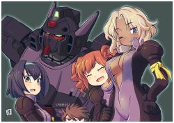 Rule 34 | 1boy, 3girls, blonde hair, blue eyes, blue outline, bodysuit, border, breasts, brown eyes, brown hair, character request, cleavage, closed eyes, closed mouth, copyright request, dark-skinned female, dark skin, glasses, green background, gundam, headband, large breasts, long hair, long sleeves, looking at viewer, mawaru (mawaru), multiple girls, one eye closed, open clothes, open mouth, orange hair, outline, purple bodysuit, purple hair, short hair, solo, white border