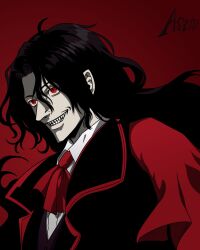 Rule 34 | 1boy, alucard (hellsing), artist name, ascot, asrto records, black coat, coat, collared shirt, colored skin, grey skin, grin, hellsing, highres, limited palette, making-of available, male focus, pointy nose, red ascot, red background, red eyes, red theme, sharp teeth, shirt, smile, teeth, upper body, vest, white shirt