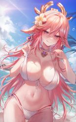 Rule 34 | 1girl, absurdres, animal ears, bare shoulders, beach, bikini, blue sky, blush, breasts, choker, cleavage, collarbone, earrings, fox ears, genshin impact, gz (gyoju), hair ornament, highres, jewelry, large breasts, licking lips, long hair, looking at viewer, navel, necklace, pendant, pink hair, purple eyes, shore, sidelocks, sky, smile, solo, swimsuit, thighs, tongue, tongue out, very long hair, wet, white bikini, yae miko