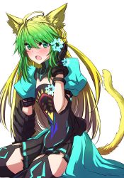 Rule 34 | 1girl, :o, ahoge, animal ears, atalanta (fate), blonde hair, blush, breasts, cat ears, cat tail, eyebrows, fate/apocrypha, fate/grand order, fate (series), gameplay mechanics, gradient hair, green eyes, green hair, hair between eyes, hand in own hair, highres, himo, juliet sleeves, kneeling, long hair, long sleeves, looking at viewer, matching hair/eyes, miniskirt, multicolored hair, open mouth, pleated skirt, puffy sleeves, simple background, skirt, small breasts, solo, tail, thighhighs, thighs, two-tone hair, white background