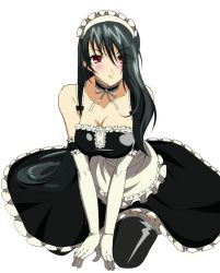 Rule 34 | 1girl, bare shoulders, black hair, blush, breasts squeezed together, breasts, choker, cleavage, elbow gloves, gloves, long hair, maid, original, red eyes, solo, thighhighs, yuukami (wittsu)