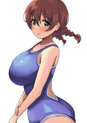 Rule 34 | 1girl, :o, absurdres, ass, back cutout, blue eyes, braid, breasts, brown hair, clothing cutout, collarbone, commentary, crossed arms, emma verde, heart, heart-shaped pupils, highres, large breasts, looking at viewer, love live!, love live! nijigasaki high school idol club, one-piece swimsuit, pisagi, profile, school swimsuit, simple background, solo, swimsuit, symbol-shaped pupils, twin braids, two-tone swimsuit, white background