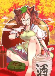 Rule 34 | 1girl, ^ ^, animal ears, arm support, autumn leaves, barefoot, breasts, brown hair, collarbone, closed eyes, furorina, futatsuiwa mamizou, gourd, grin, highres, kiseru, large breasts, leaf, leaf background, leaf on head, package, smoking pipe, pipe in mouth, raccoon ears, raccoon tail, short hair, sitting, skirt, smile, smoke, solo, tail, touhou