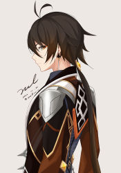 Rule 34 | 1boy, antenna hair, armor, black hair, brown eyes, brown shirt, dated, earrings, eyeshadow, from side, genshin impact, gradient hair, hair ornament, jewelry, long hair, long sleeves, looking at viewer, low ponytail, makeup, male focus, multicolored hair, profile, shirt, shoulder armor, sidelocks, signature, simple background, solo, pauldrons, unel, upper body, white background, zhongli (genshin impact)