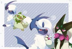 Rule 34 | absol, cape, claws, closed mouth, creatures (company), forehead jewel, game freak, gen 3 pokemon, green hair, horns, hyrell, mask, meowscarada, nintendo, open mouth, pink eyes, pokemon, pokemon (creature), red eyes, single horn, smile, sprigatito, white hair