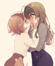 Rule 34 | 2girls, black skirt, blurry, blurry foreground, blush, breasts, brown hair, brown skirt, closed eyes, closed mouth, facing another, grey sweater, hands on another&#039;s cheeks, hands on another&#039;s face, high-waist skirt, large breasts, long hair, long sleeves, multiple girls, nu tarou (tr84635391), original, petals, short hair, sidelocks, simple background, skirt, small breasts, smile, sweater, sweater tucked in, tearing up, turtleneck, turtleneck sweater, white sweater, yellow background, yellow eyes, yuri