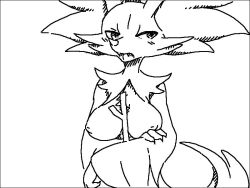Rule 34 | 1girl, animal ear fluff, animal ears, animal hands, animal nose, averting eyes, black border, blush, body fur, border, breasts, claws, creatures (company), delphox, fangs, female focus, fox ears, fox girl, fox tail, furry, furry female, game freak, gen 6 pokemon, greyscale, holding, holding own arm, holding stick, inverted nipples, large breasts, light blush, looking to the side, monochrome, neck fur, nintendo, open mouth, pokemon, pokemon (creature), simple background, sketch, snout, solo, standing, stick, stoic5, tail, upper body, white background