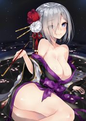 Rule 34 | 10s, 1girl, alternate costume, alternate hairstyle, arm support, ass, bare shoulders, blue eyes, blush, bow, breasts, cleavage, collarbone, eyebrows, eyes visible through hair, floral print, flower, hair bow, hair flower, hair ornament, hair over one eye, hair stick, hamakaze (kancolle), highres, holding, holding smoking pipe, japanese clothes, kantai collection, kimono, kiseru, kou mashiro, large breasts, long sleeves, looking at viewer, no bra, off shoulder, open clothes, open kimono, partially submerged, petals, short hair, silver hair, sitting, smile, smoking pipe, solo, sparkle, water, wide sleeves, yokozuwari, yuujo