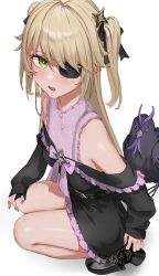 Rule 34 | 1girl, absurdres, bare shoulders, black dress, black footwear, black ribbon, blonde hair, blush, buttons, dress, eyepatch, fischl (genshin impact), frilled dress, frills, from above, genshin impact, green eyes, hair ribbon, highres, nail polish, off shoulder, open mouth, oz (genshin impact), purple nails, ribbon, simple background, solo, squatting, thighs, two side up, white background, xkirara39x