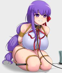 Rule 34 | 1girl, anger vein, arms behind back, bare shoulders, bb (fate), bb (fate/extra), bdsm, belt collar, bondage, bound, bound arms, bound legs, bow, breasts, collar, covered erect nipples, fate/extra, fate/extra ccc, fate/grand order, fate (series), grey background, hair ribbon, large breasts, leaning forward, leash, leotard, long hair, purple eyes, purple hair, rebake, red ribbon, ribbon, rope, seiza, shibari, simple background, sitting, skindentation, slave, solo, sweat, thick thighs, thighs, very long hair