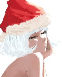 Rule 34 | 1girl, :t, absurdres, closed eyes, closed mouth, fashion, hat, highres, kyzutoslcats, original, portrait, santa hat, short hair, solo, white hair