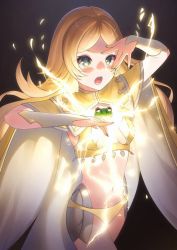 Rule 34 | 1girl, acrylicstroke, alternate color, blonde hair, blue eyes, bodystocking, breasts, cape, cleavage, cosplay, covered navel, dark mage (fire emblem fates), fire emblem, fire emblem awakening, fire emblem fates, frog, hair down, lissa (fire emblem), long hair, nintendo, ophelia (fire emblem), ophelia (fire emblem) (cosplay), see-through, small breasts, solo, thighs