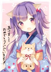 Rule 34 | &gt; &lt;, 1girl, :d, animal, animal ears, blue kimono, blush, bow, brown hair, dog, dog ears, fang, floral print, hair bow, head tilt, highres, holding, holding animal, japanese clothes, kimono, long hair, long sleeves, looking at viewer, obi, open mouth, original, print kimono, purple eyes, red bow, sash, shiino sera, smile, solo, two side up, very long hair, wide sleeves, xd